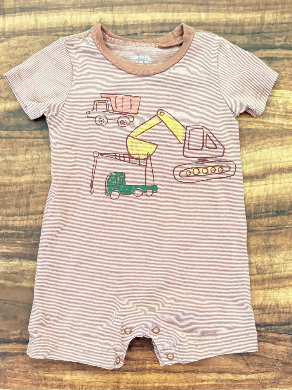 Carter’s Romper, Baby Boy, Peach Orange Stripes, Construction Vehicles, 18 month